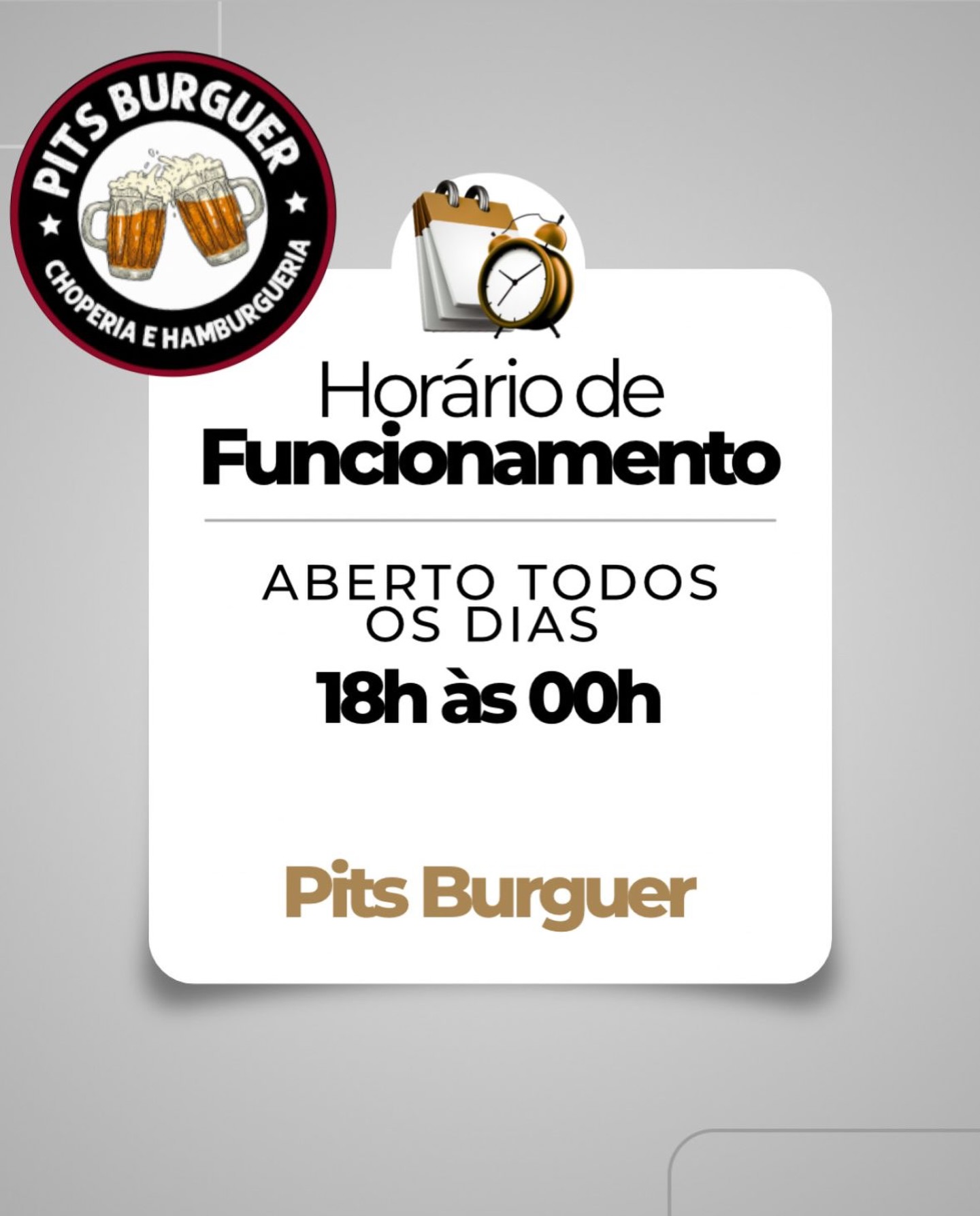 Arte oficial do Pits Burguer com horário de funcionamento